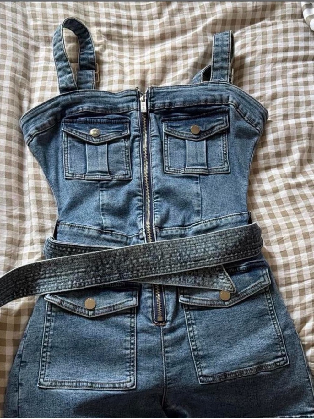 Guess Blue Denim Strap Jumpsuit with Front Zip and Utility Pockets